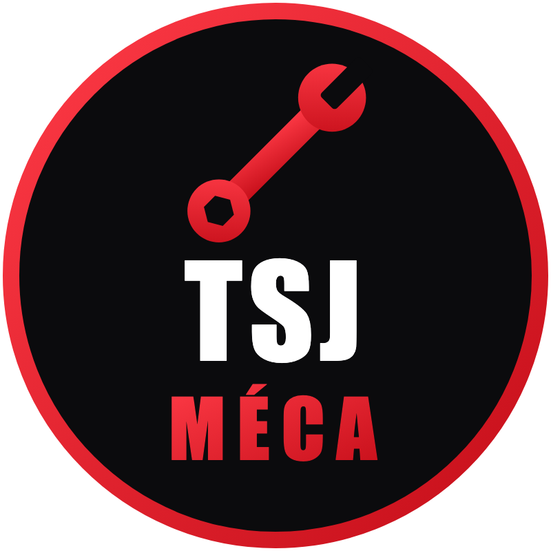 Logo TSJ Méca : une clé rouge et le nom TSJ Méca sur fond noir